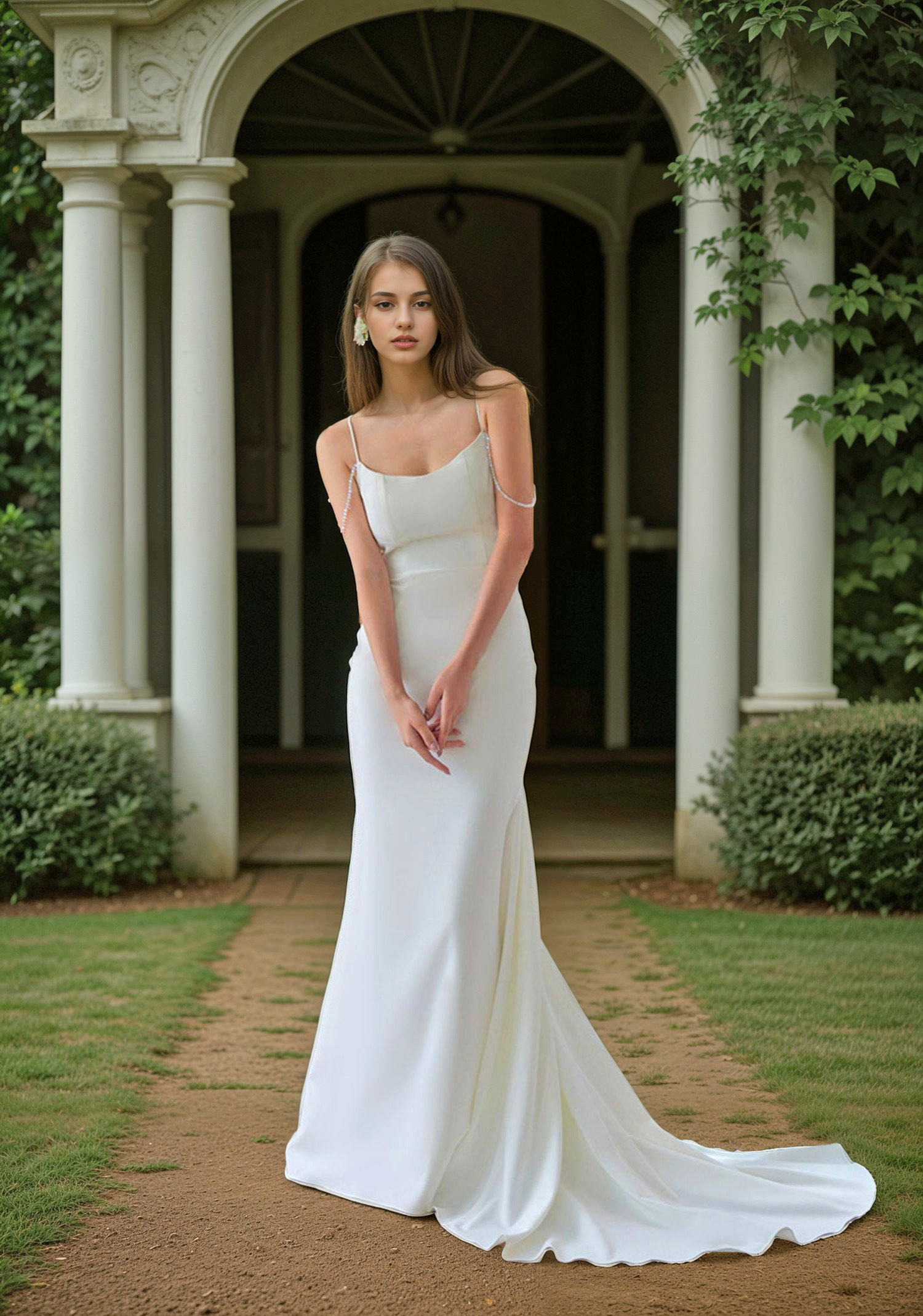 Goddess tie back Spaghetti-straps Mermaid satin wedding dress small train SelenaHuanStudio