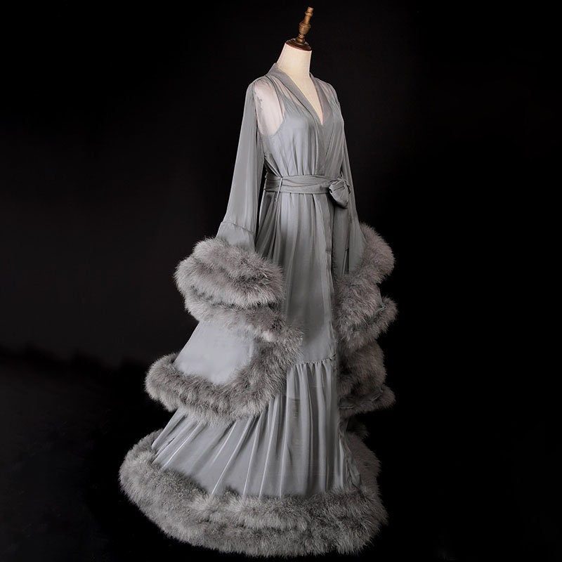 2-Layer Thick Feather Tulle Robe Set – Luxury Photoshoot / Holiday Glam Gown (Multi-Color)