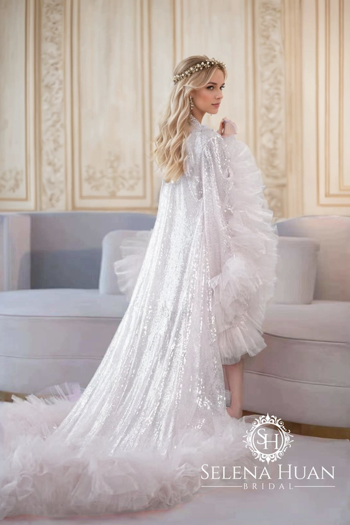 Ruffled tulle fringe hem sequin mesh long robe with sequin nightgown pink ivory SelenaHuanStudio