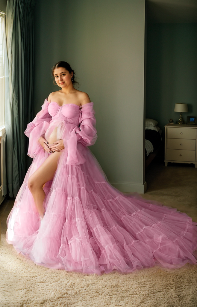 Elegant Robe Gown with Tiered Tulle and Off-Shoulder Design Multi Color SelenaHuanStudio