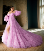 Elegant Robe Gown with Tiered Tulle and Off-Shoulder Design Multi Color SelenaHuanStudio