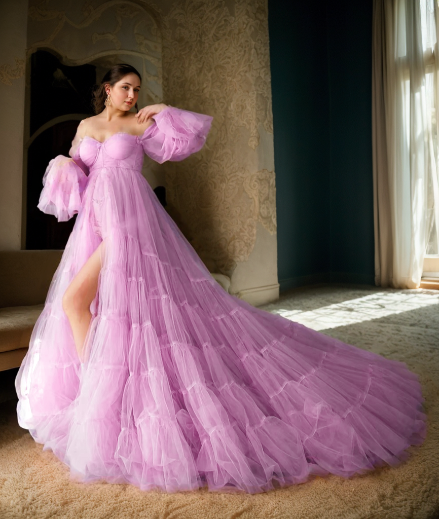 Elegant Robe Gown with Tiered Tulle and Off-Shoulder Design Multi Color SelenaHuanStudio