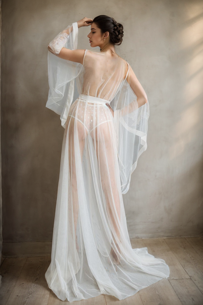 Elegant Sheer Lace Bridal Robe with Floral Embroidery and Satin Tie SelenaHuanStudio