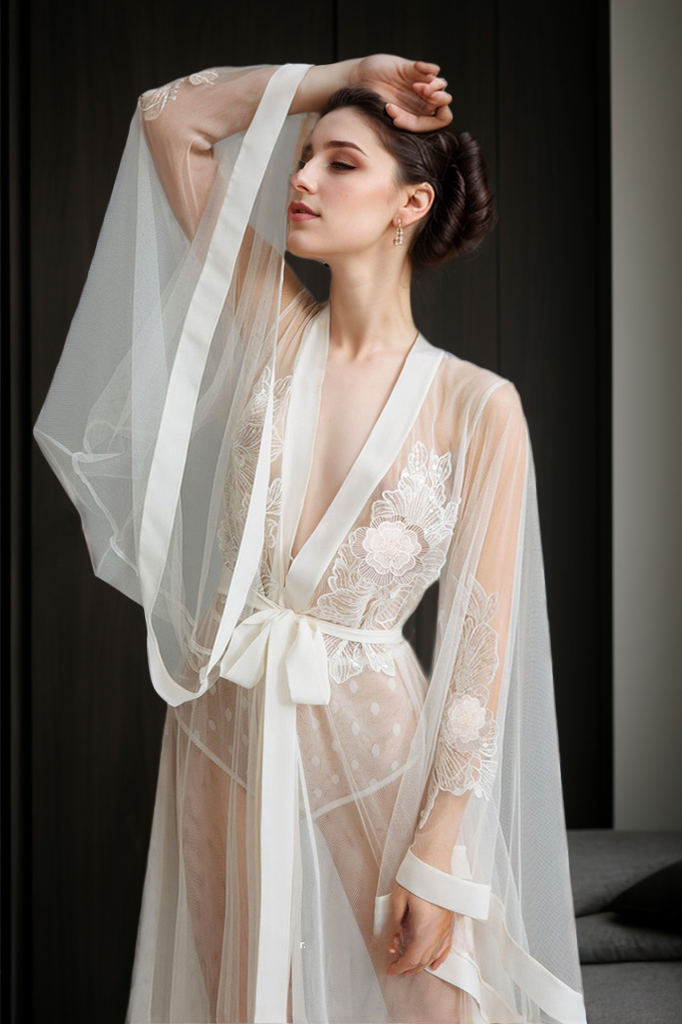 Elegant Sheer Lace Bridal Robe with Floral Embroidery and Satin Tie SelenaHuanStudio
