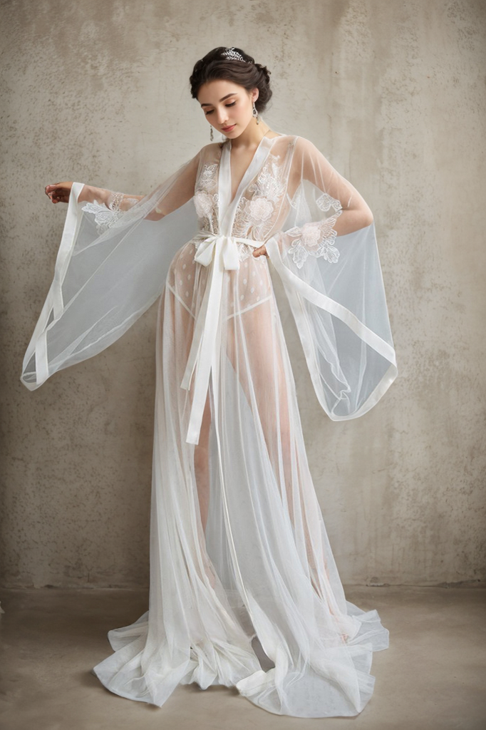 Elegant Sheer Lace Bridal Robe with Floral Embroidery and Satin Tie SelenaHuanStudio