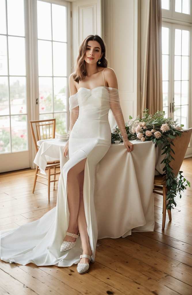 Elegant off-the-shoulder tulle long sleeves stretchy fit and flare Satin wedding dress SelenaHuanStudio
