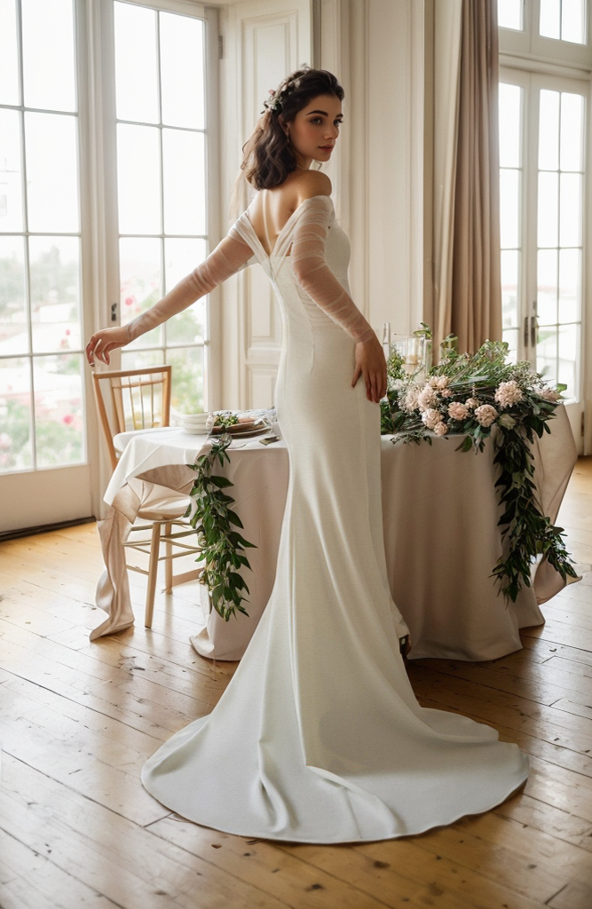 Elegant off-the-shoulder tulle long sleeves stretchy fit and flare Satin wedding dress SelenaHuanStudio
