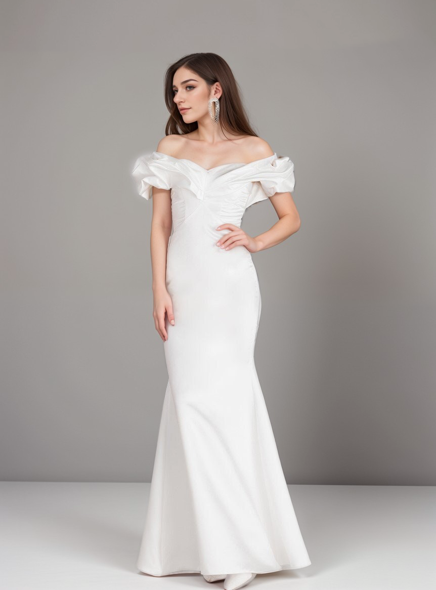 Elegant ruffled off the shoulder trumpet Italy silky satin simple wedding dress little white dress SelenaHuanStudio