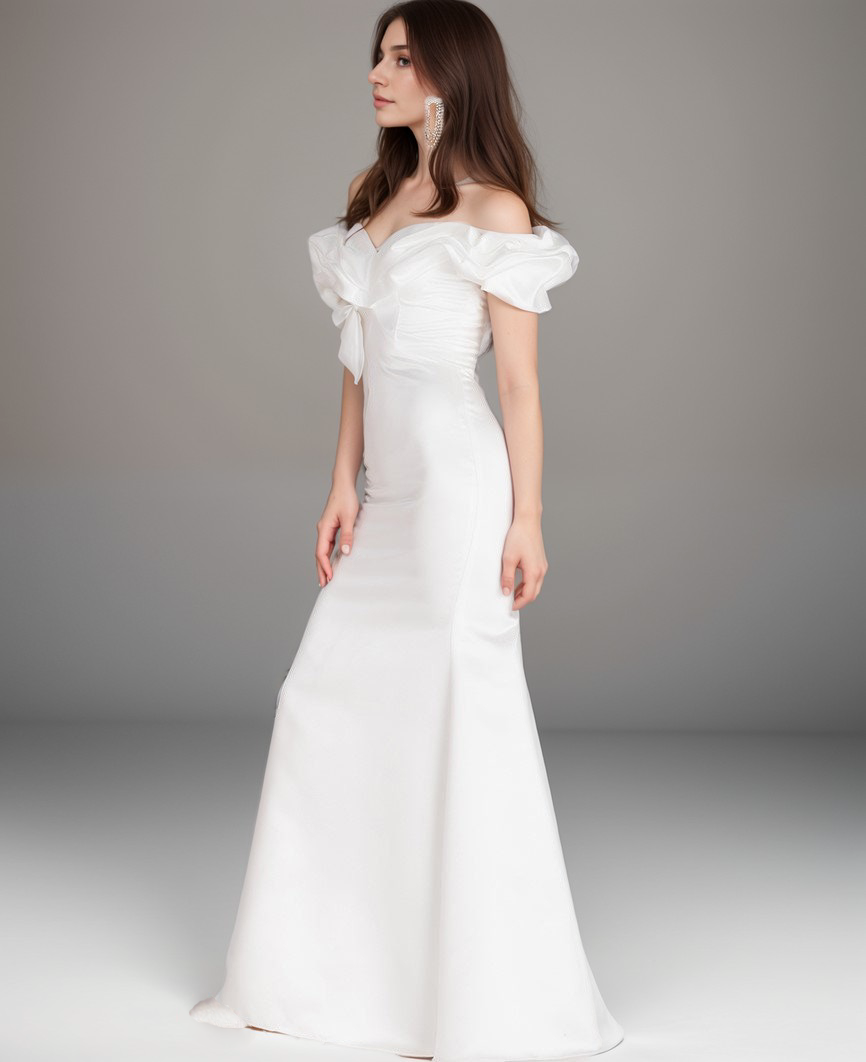 Elegant ruffled off the shoulder trumpet Italy silky satin simple wedding dress little white dress SelenaHuanStudio