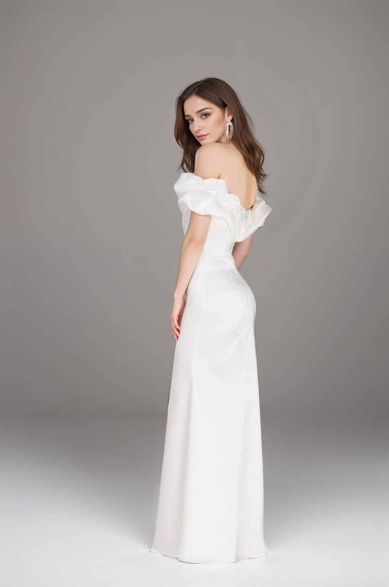Elegant ruffled off the shoulder trumpet Italy silky satin simple wedding dress little white dress SelenaHuanStudio