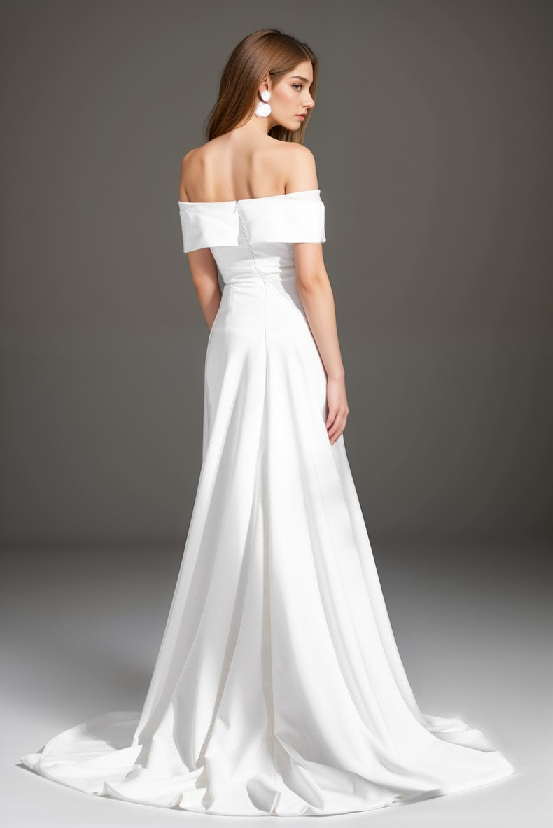 Elegant off-the-shoulder fit and flare Stretchy Satin wedding dress SelenaHuanStudio