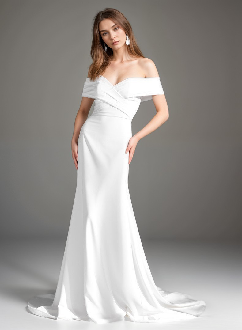 Elegant off-the-shoulder fit and flare Stretchy Satin wedding dress SelenaHuanStudio