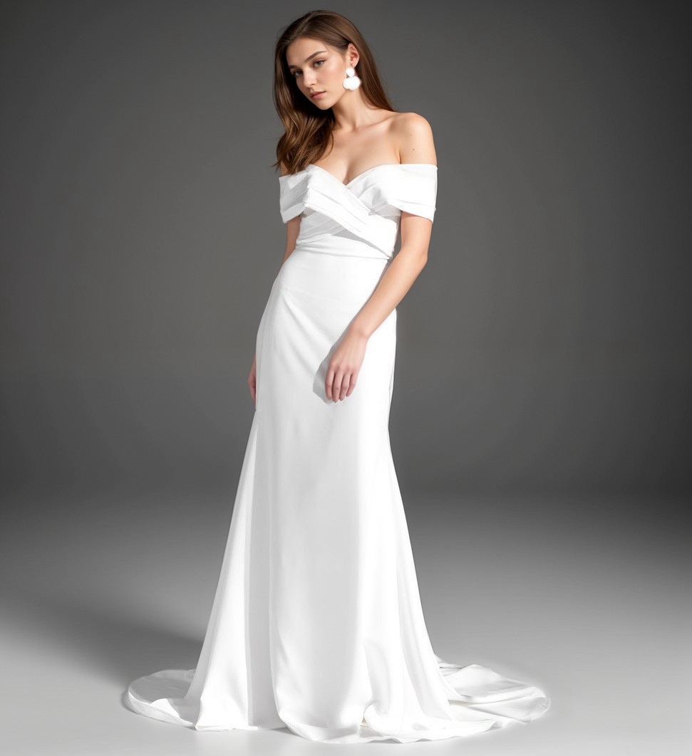Elegant off-the-shoulder fit and flare Stretchy Satin wedding dress SelenaHuanStudio