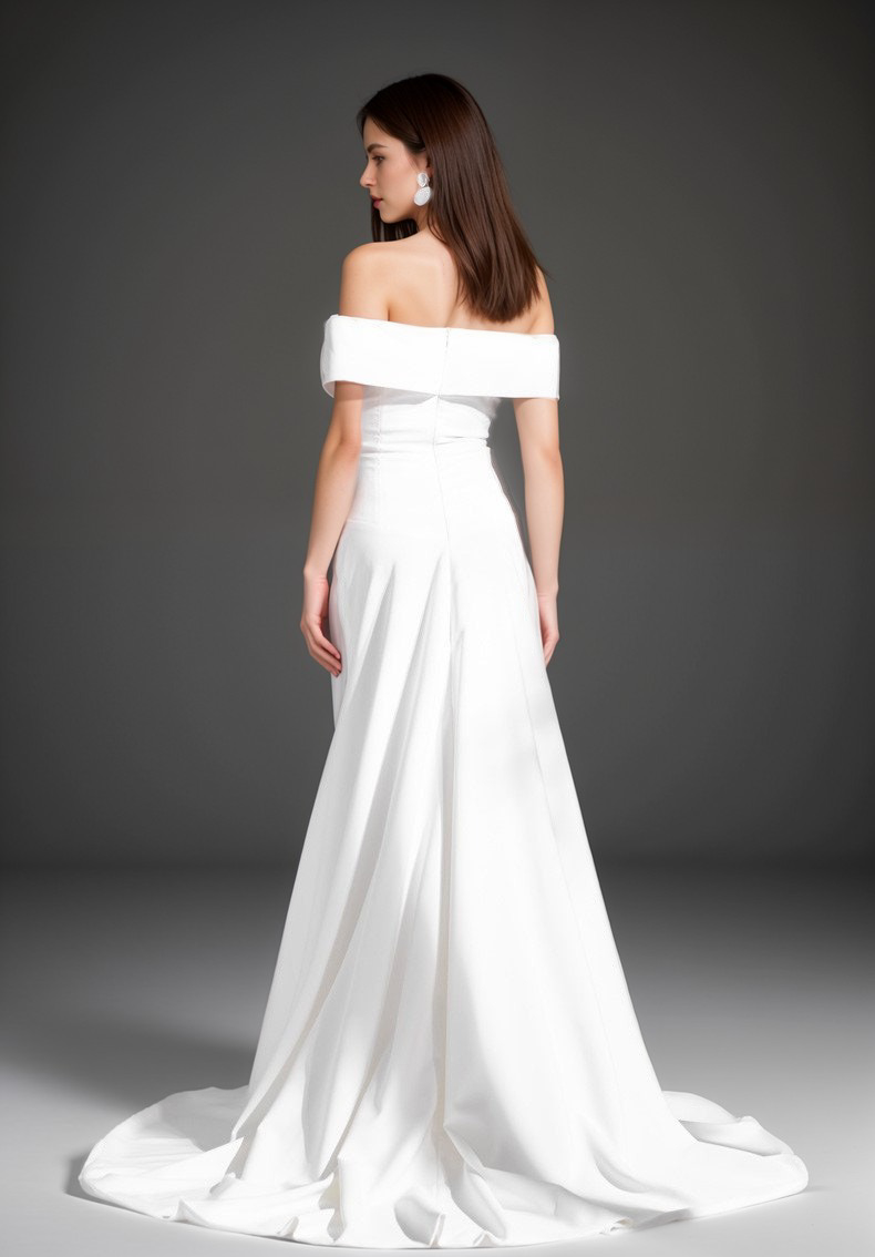 Elegant off-the-shoulder fit and flare Stretchy Satin wedding dress SelenaHuanStudio