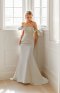 Elegant off the shoulder fit and flare duchess satin simple wedding dress colored wedding dress SelenaHuanStudio