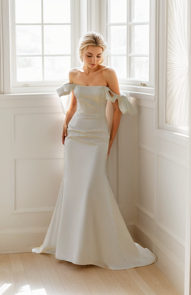 Elegant off the shoulder fit and flare duchess satin simple wedding dress colored wedding dress SelenaHuanStudio