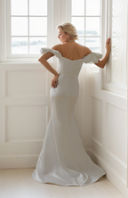 Elegant off the shoulder fit and flare duchess satin simple wedding dress colored wedding dress SelenaHuanStudio