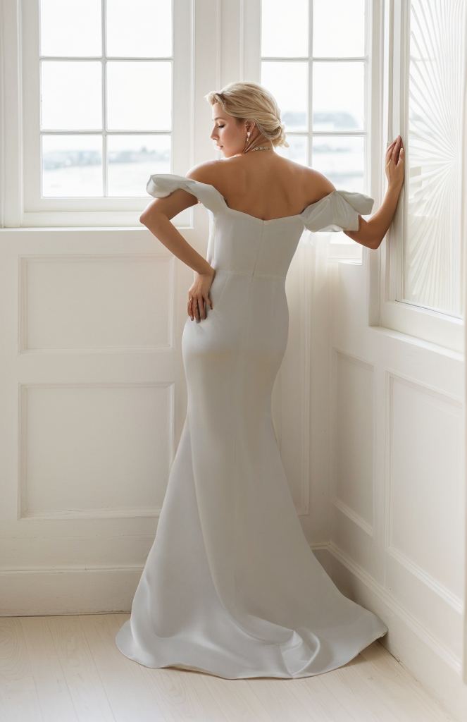 Elegant off the shoulder fit and flare duchess satin simple wedding dress colored wedding dress SelenaHuanStudio