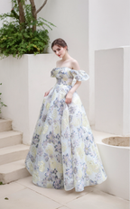 Elora - embroidery golden blue floral pattern off-the-shoulder Princess Prom Dress SelenaHuanStudio