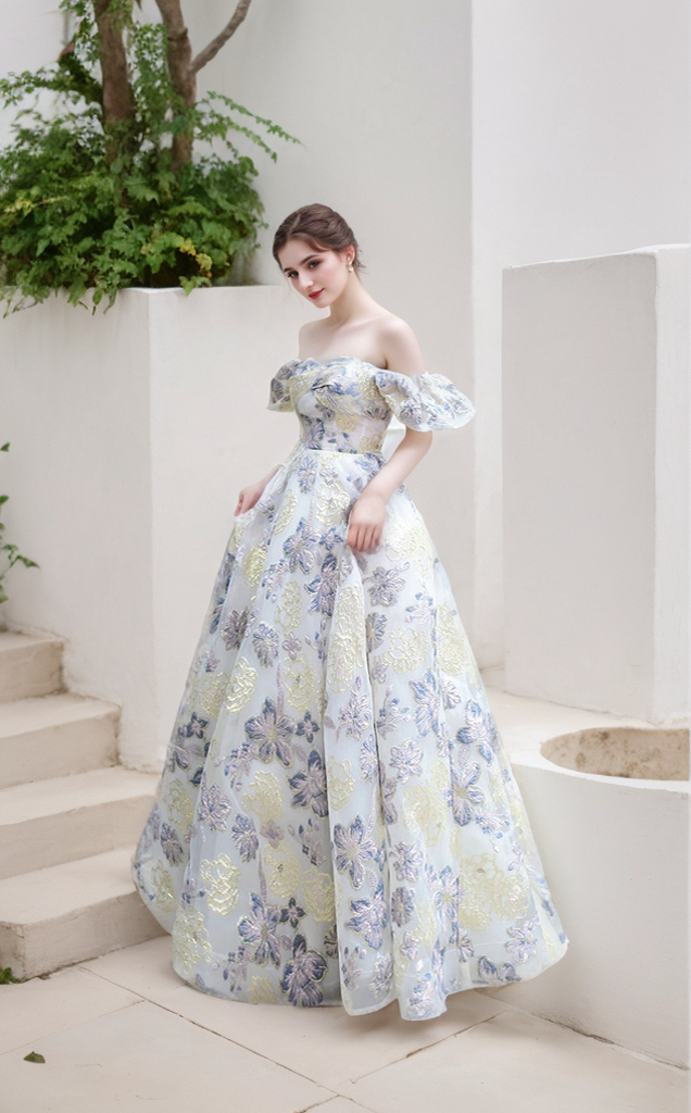 Elora - embroidery golden blue floral pattern off-the-shoulder Princess Prom Dress SelenaHuanStudio