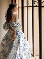Elora - embroidery golden blue floral pattern off-the-shoulder Princess Prom Dress SelenaHuanStudio