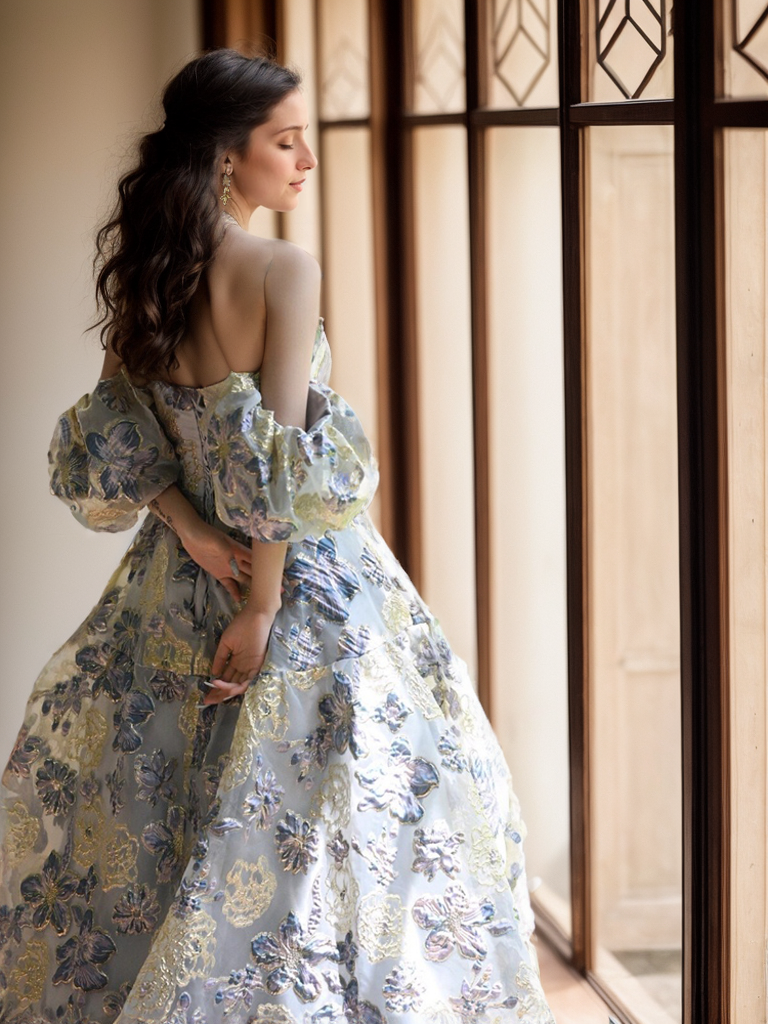 Elora - embroidery golden blue floral pattern off-the-shoulder Princess Prom Dress SelenaHuanStudio