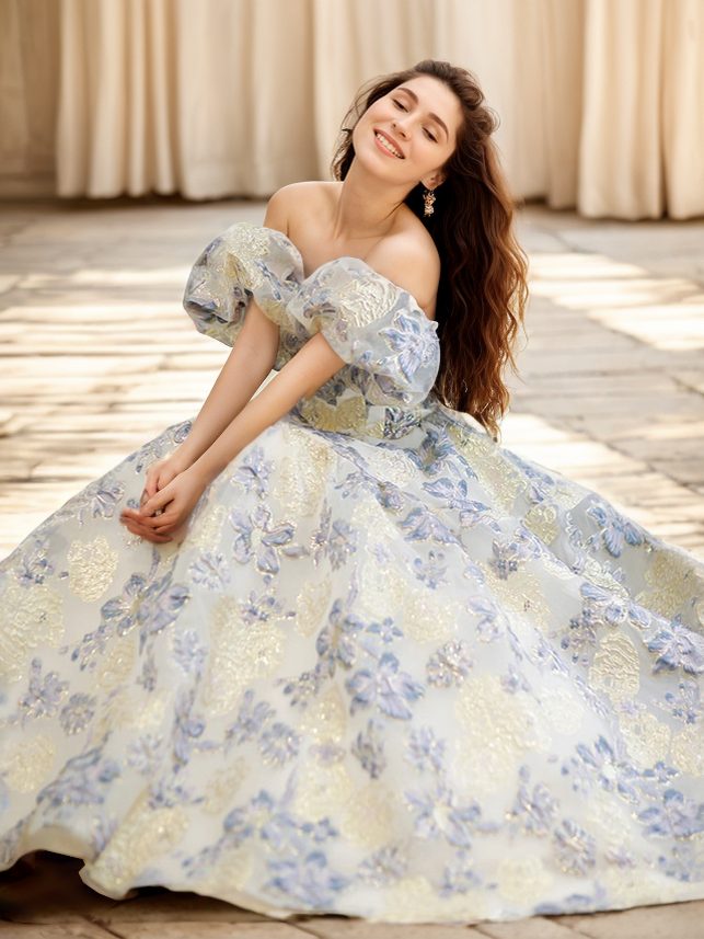 Elora - embroidery golden blue floral pattern off-the-shoulder Princess Prom Dress SelenaHuanStudio