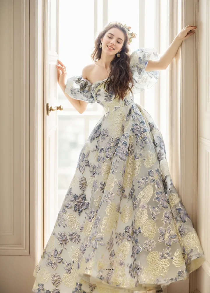 Elora - embroidery golden blue floral pattern off-the-shoulder Princess Prom Dress SelenaHuanStudio