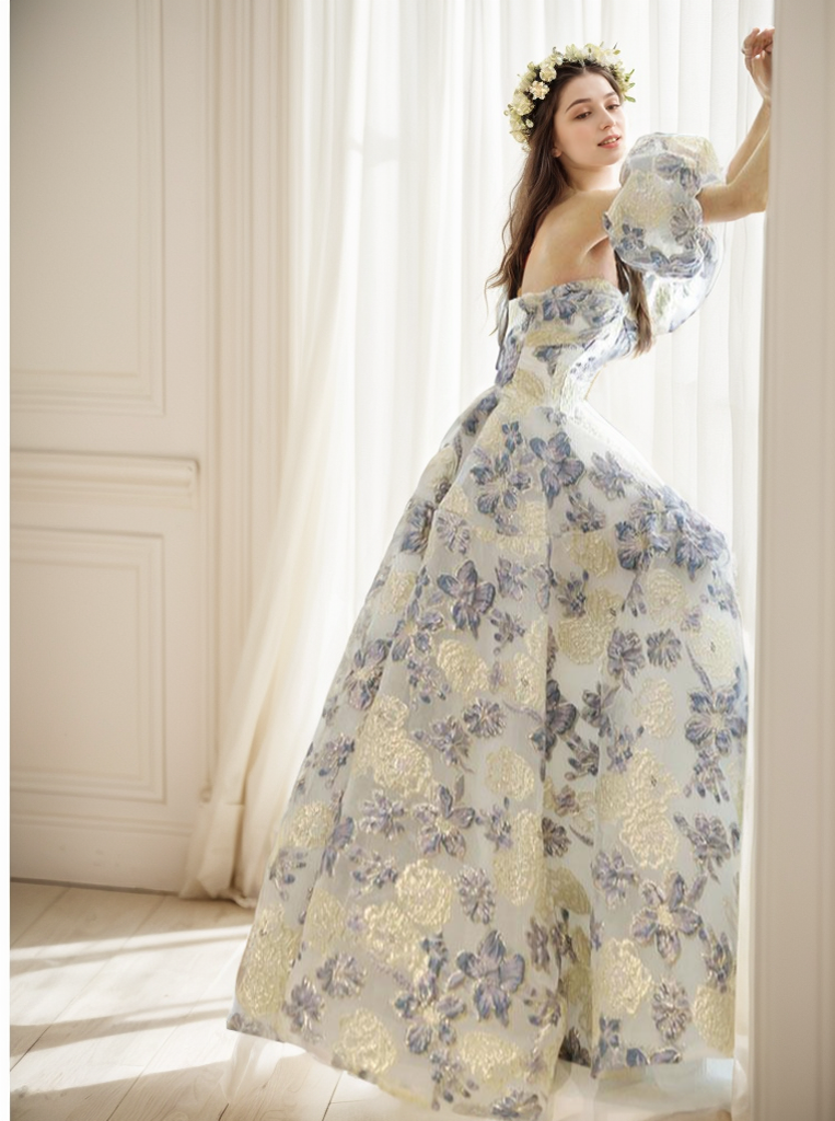 Elora - embroidery golden blue floral pattern off-the-shoulder Princess Prom Dress SelenaHuanStudio