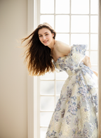 Elora - embroidery golden blue floral pattern off-the-shoulder Princess Prom Dress SelenaHuanStudio