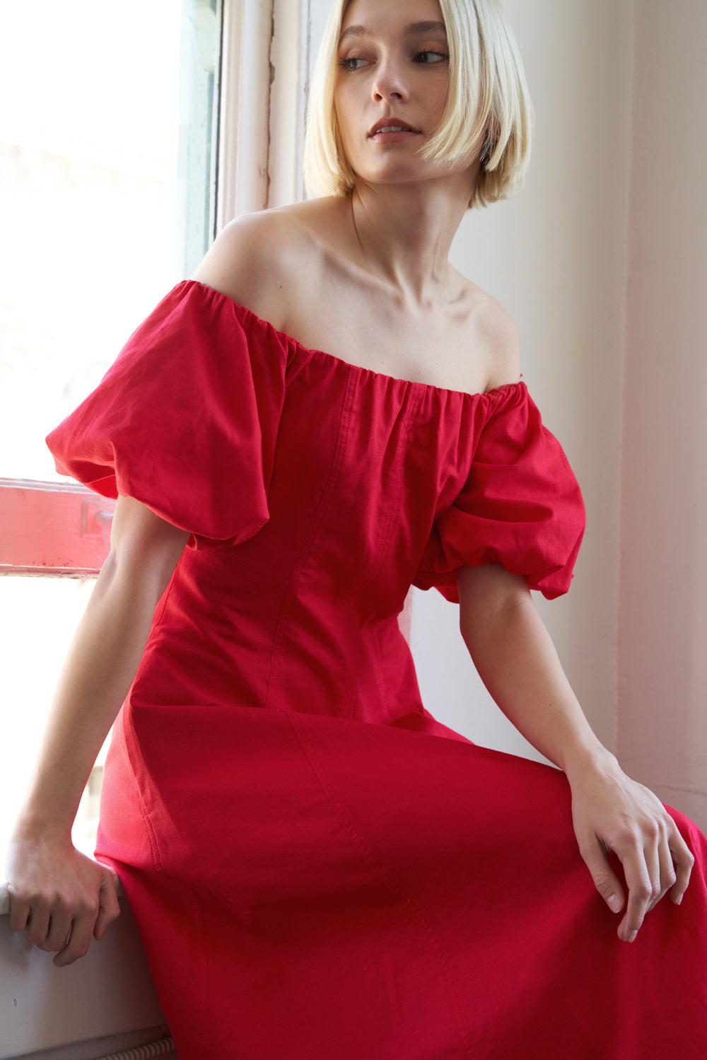 PROTECTING MY PEACE RED WOVEN MIDI DRESS Flying Tomato