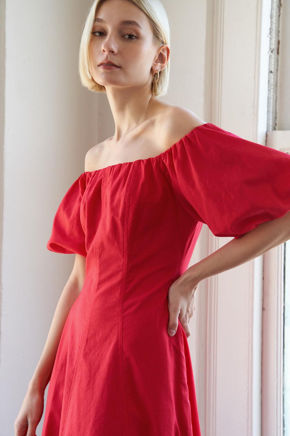 PROTECTING MY PEACE RED WOVEN MIDI DRESS Flying Tomato