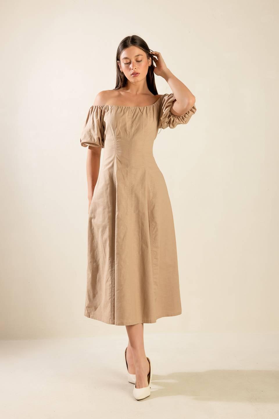 PROTECTING MY PEACE TAUPE WOVEN MIDI DRESS Flying Tomato