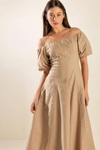 PROTECTING MY PEACE TAUPE WOVEN MIDI DRESS Flying Tomato
