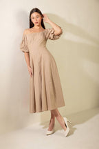 PROTECTING MY PEACE TAUPE WOVEN MIDI DRESS Flying Tomato