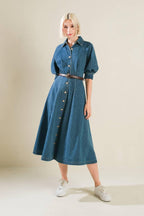 DIVIDE AND CONTOUR DENIM MIDI DRESS Flying Tomato