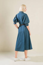DIVIDE AND CONTOUR DENIM MIDI DRESS Flying Tomato