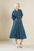 DIVIDE AND CONTOUR DENIM MIDI DRESS Flying Tomato