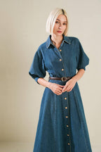 DIVIDE AND CONTOUR DENIM MIDI DRESS Flying Tomato