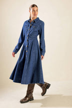 DRIFTING THOUGHTS DENIM MIDI DRESS Flying Tomato