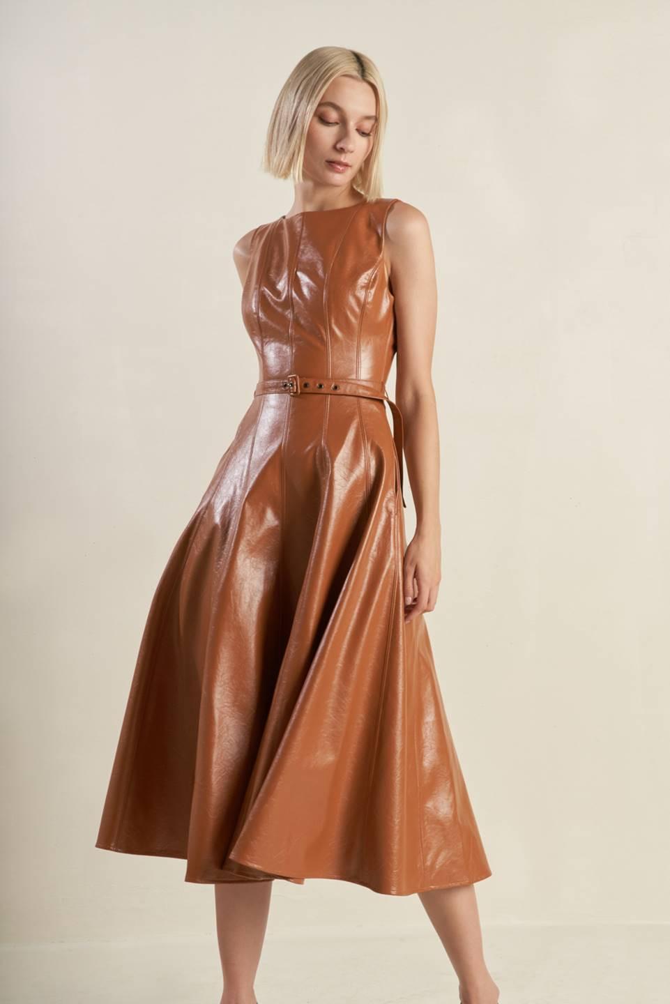 LUNAR SYMPHONY FAUX LEATHER MIDI DRESS Flying Tomato