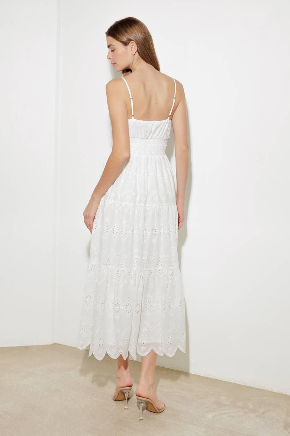 LUMINOUS BLISS WOVEN EYELET MIDI DRESS Flying Tomato