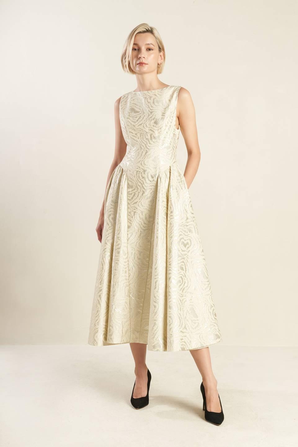 CHECK YOURSELF CHAMPAGNE WOVEN MIDI DRESS Flying Tomato