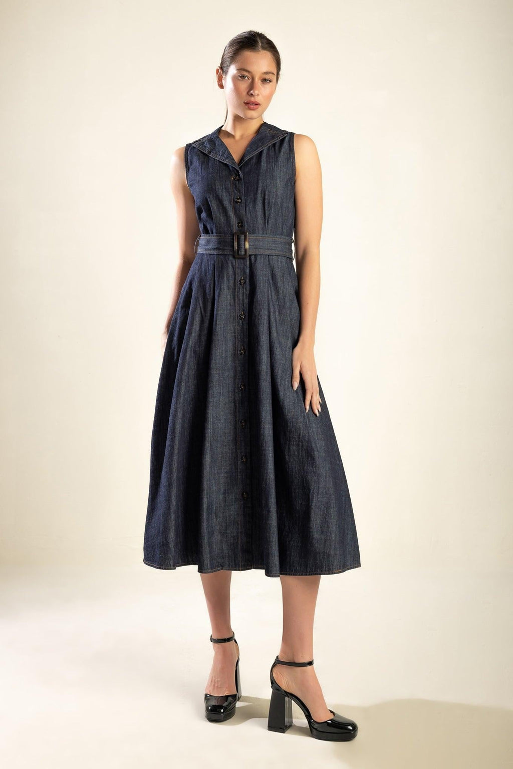OASIS OF CALM RIGID DENIM MIDI DRESS Flying Tomato