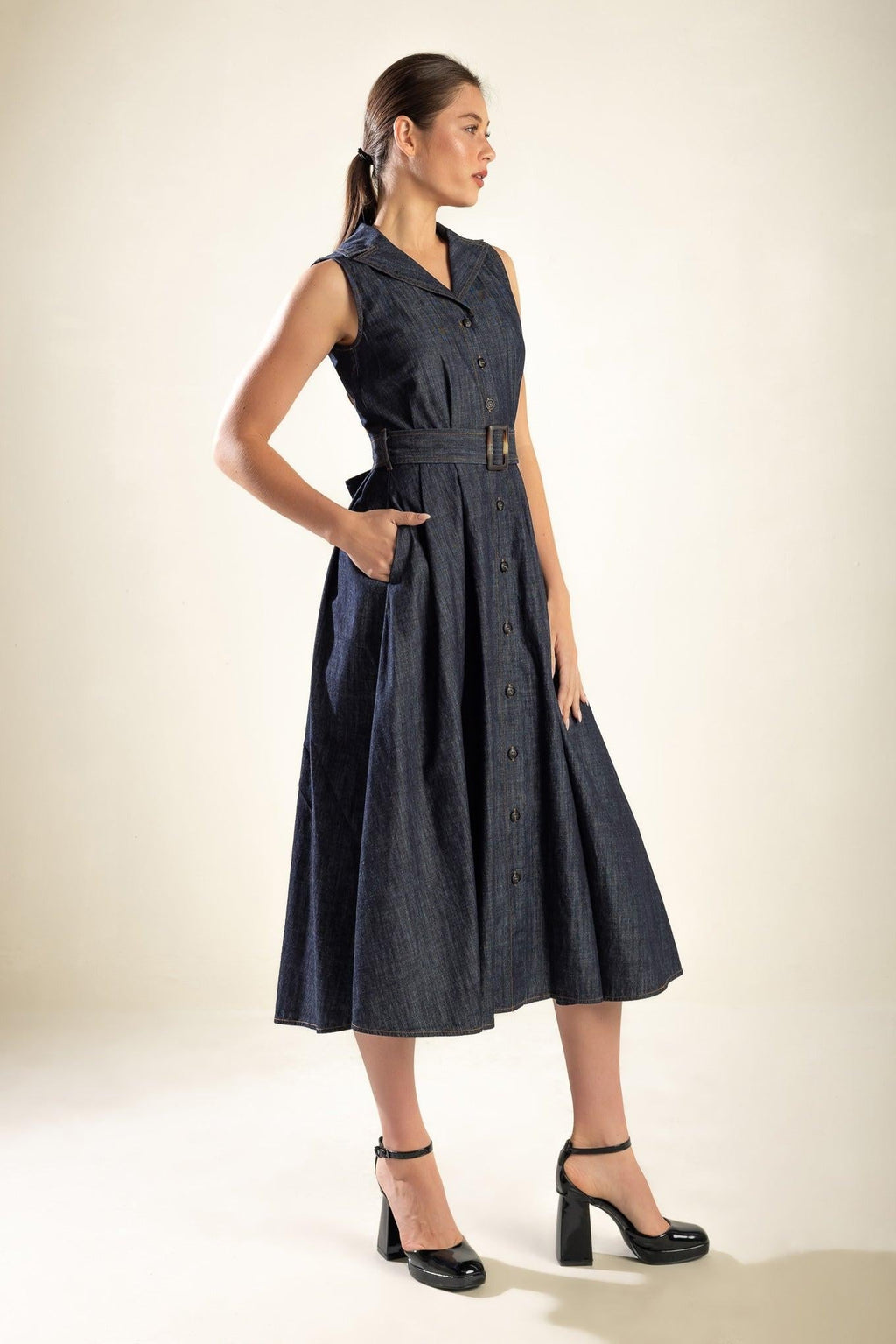 OASIS OF CALM RIGID DENIM MIDI DRESS Flying Tomato
