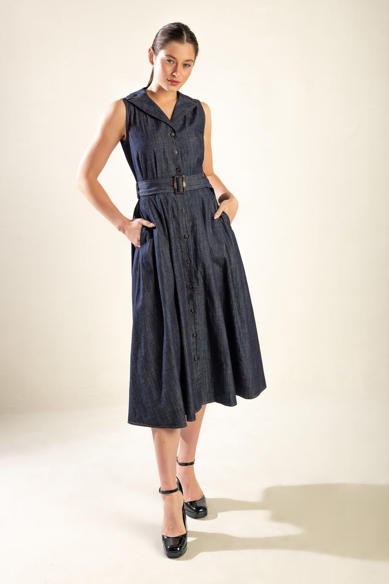 OASIS OF CALM RIGID DENIM MIDI DRESS Flying Tomato