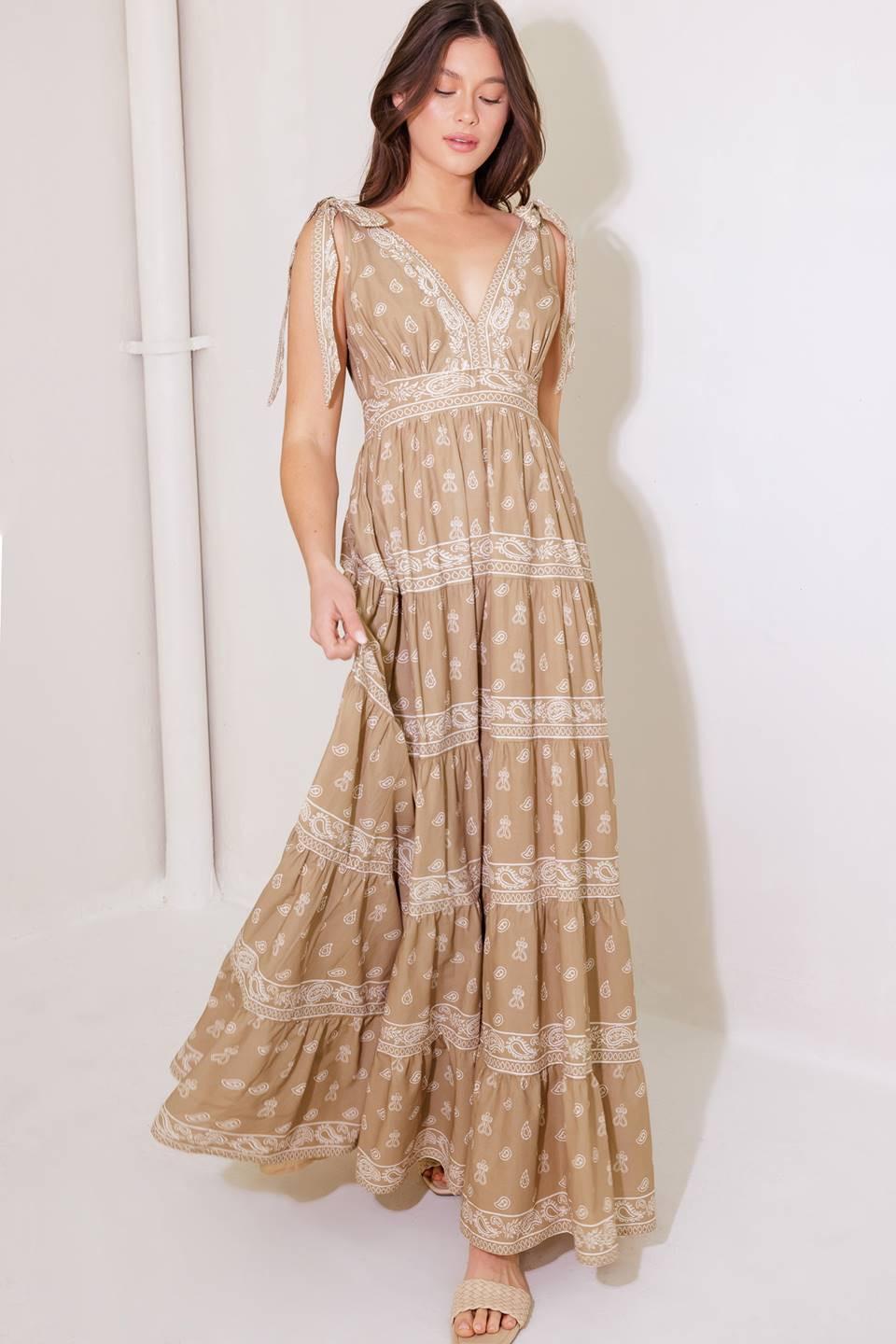 CUDDLY ATTITUDE TAUPE WOVEN MAXI DRESS Flying Tomato