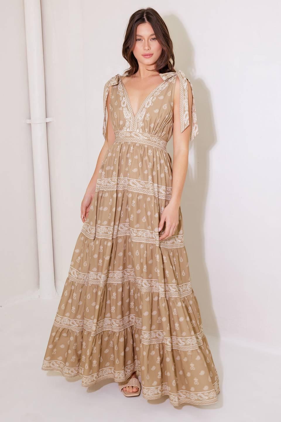 CUDDLY ATTITUDE TAUPE WOVEN MAXI DRESS Flying Tomato