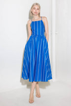 LET THE GOOD IN BLUE WOVEN MIDI DRESS Flying Tomato