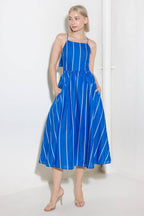 LET THE GOOD IN BLUE WOVEN MIDI DRESS Flying Tomato